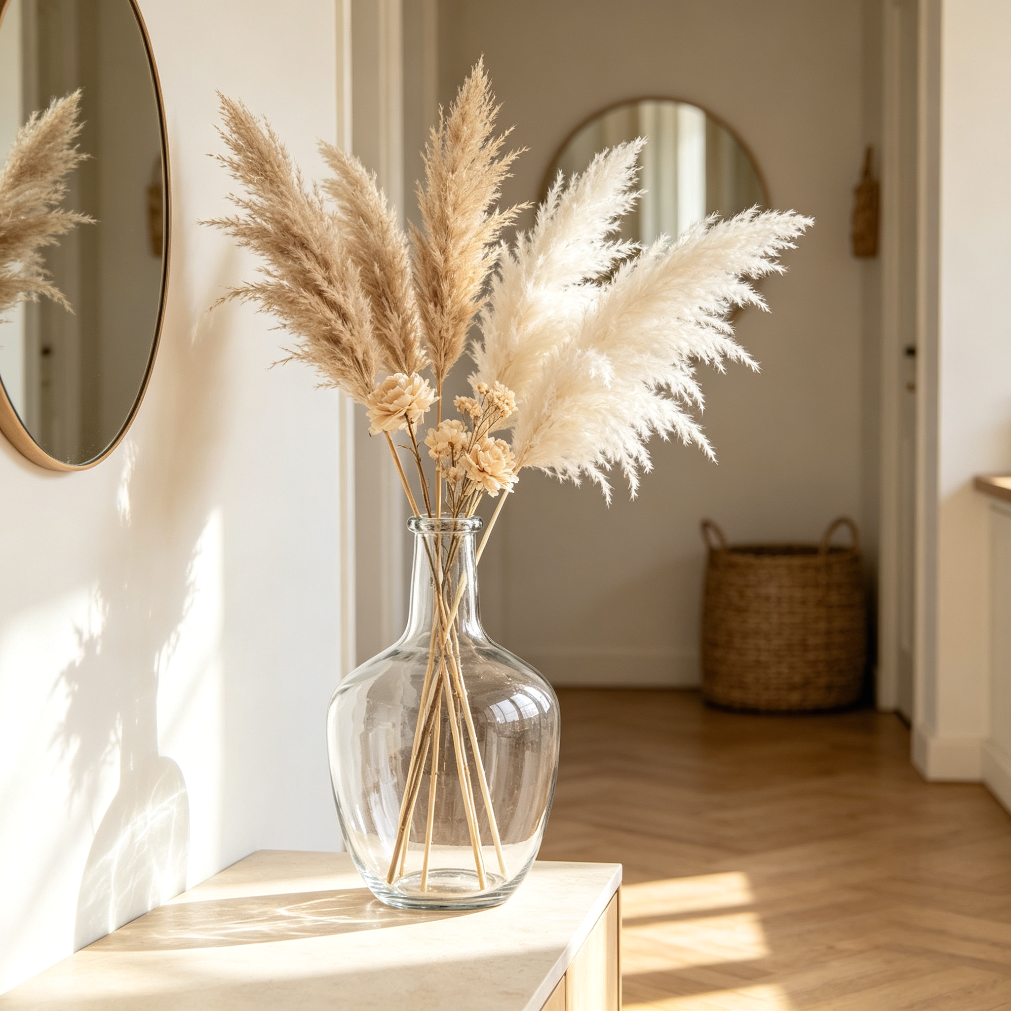 Clear Glass Vases with Pampas Grass for Entryway Decor
