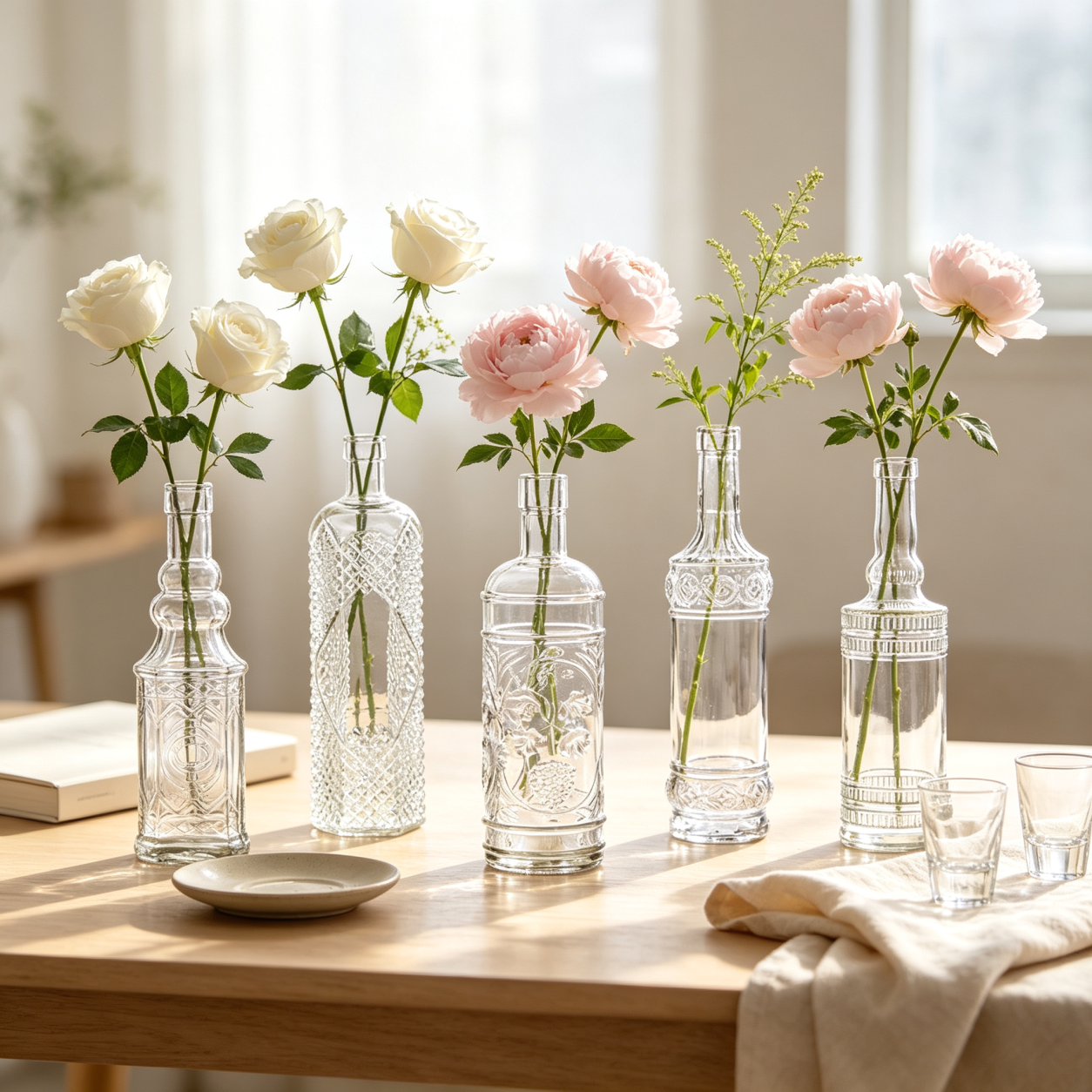 Five-Style Clear Embossed Glass Bud Vase Collection 22.5 cm for Wedding and Home Decor