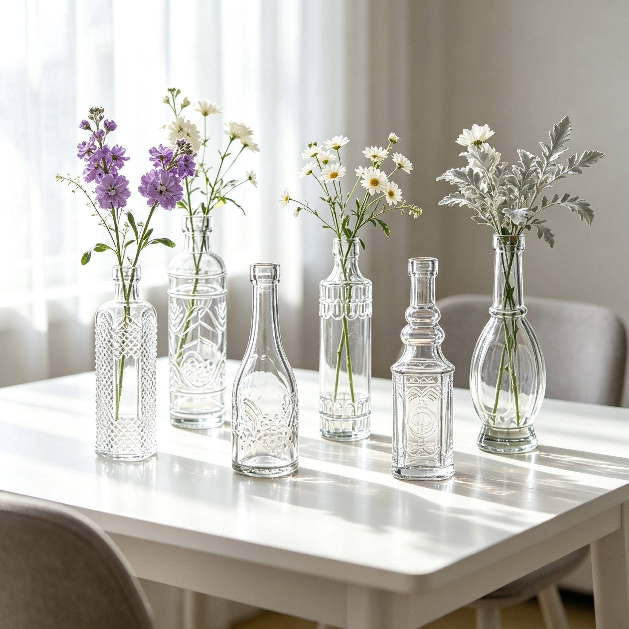 Six-Style Clear Embossed Glass Bud Vase Collection for Wedding Table Decor