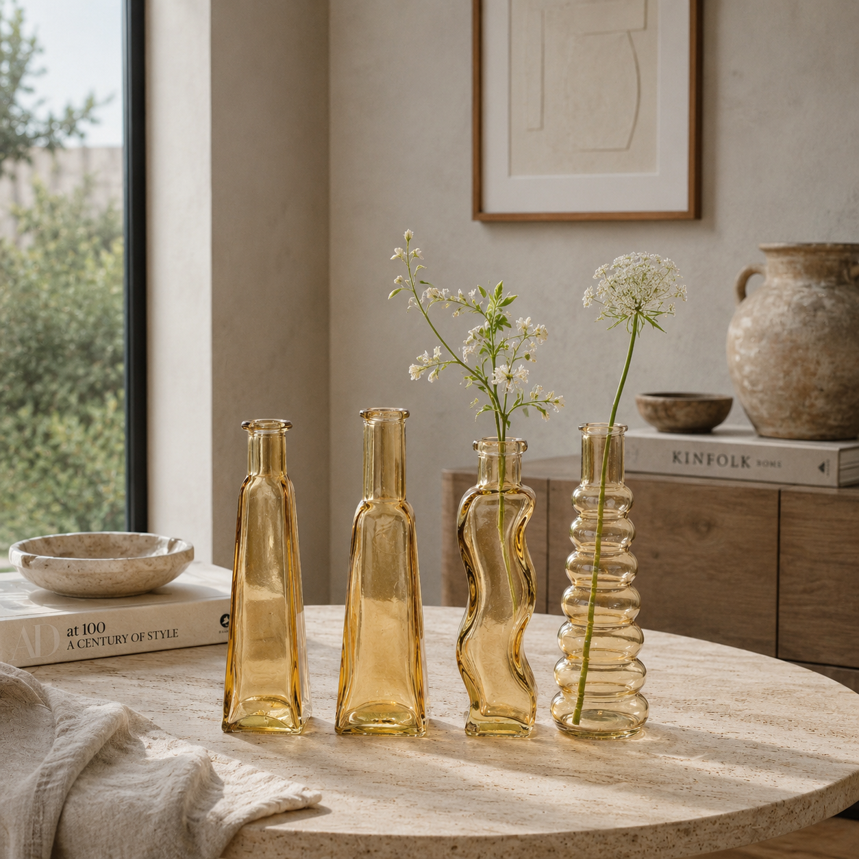 Amber Glass Bud Vase Collection with Assorted Sculptural Shapes