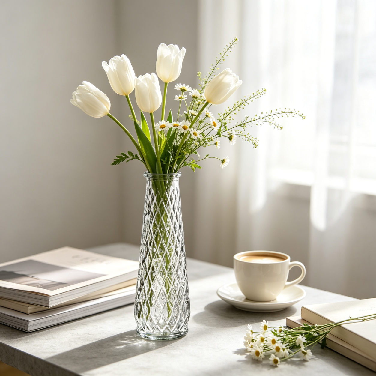 Tall Diamond Embossed Clear Glass Vase 21.5 cm for Wedding and Home Decor