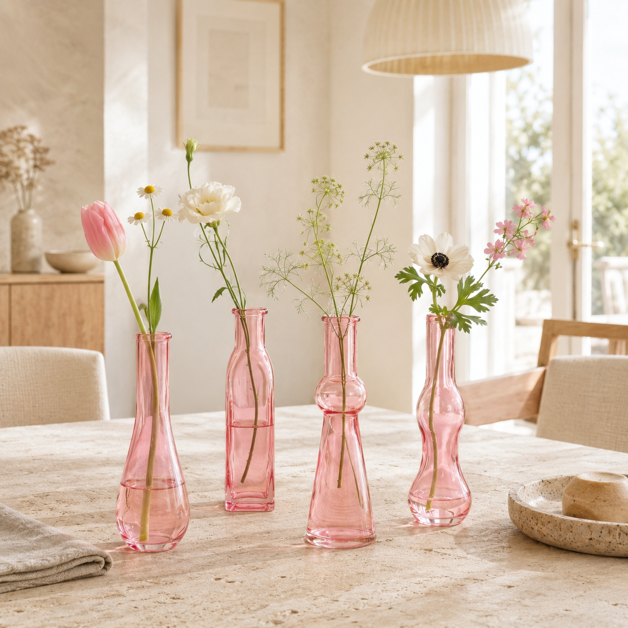 Pink Glass Bud Vase Collection with Assorted Sculptural Shapes