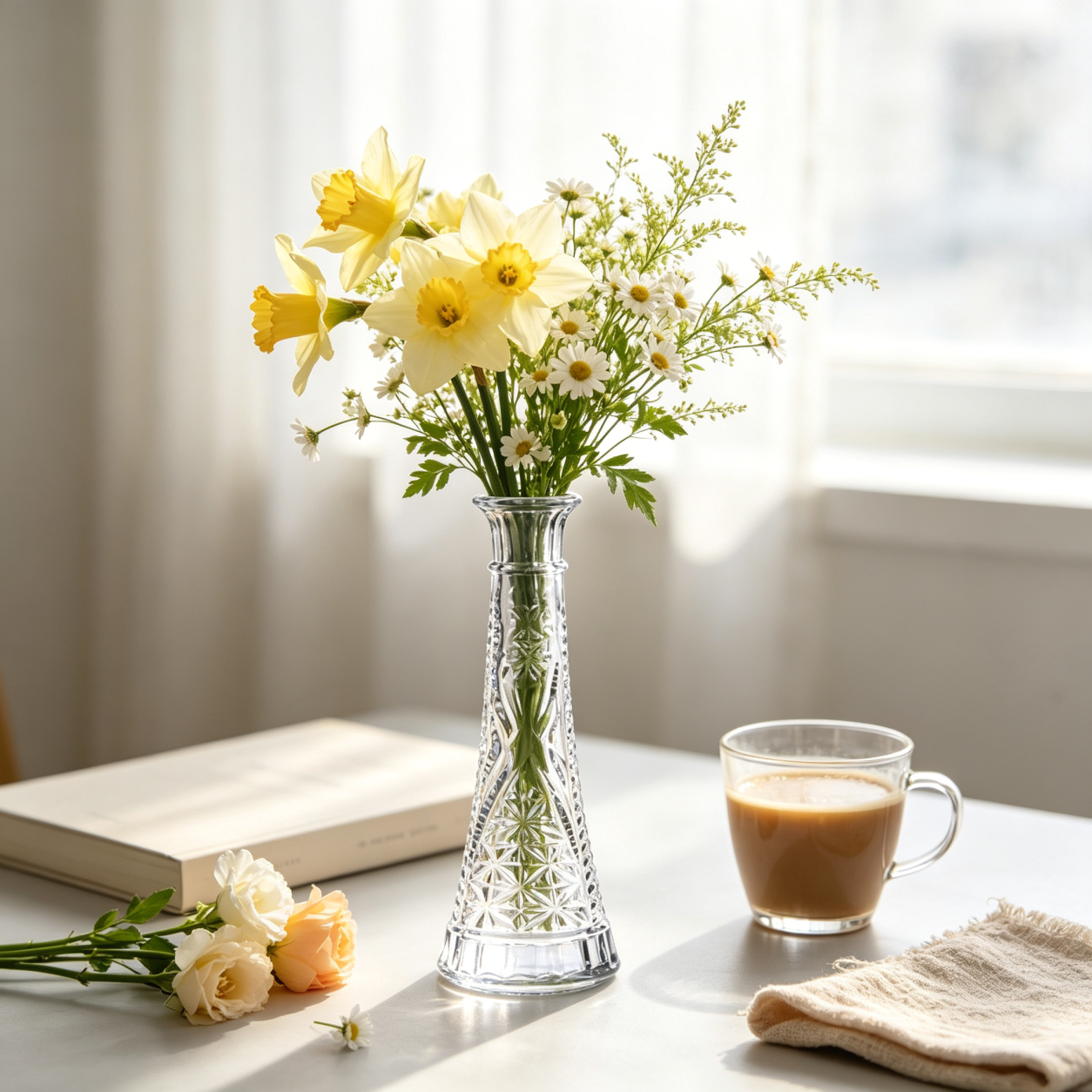 Tall Flared Diamond Embossed Clear Glass Vase for Home and Wedding Decor