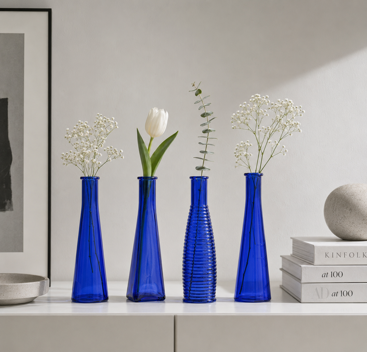 Cobalt Blue Glass Bud Vase Collection with Assorted Sculptural Shapes
