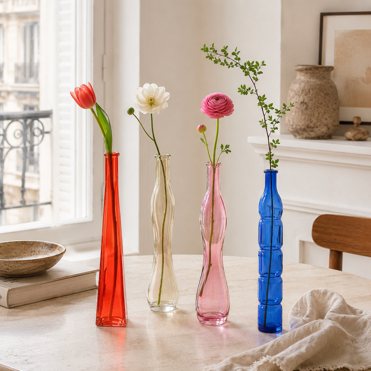 Tall Colored Glass Bud Vase Collection with Sculptural Silhouettes