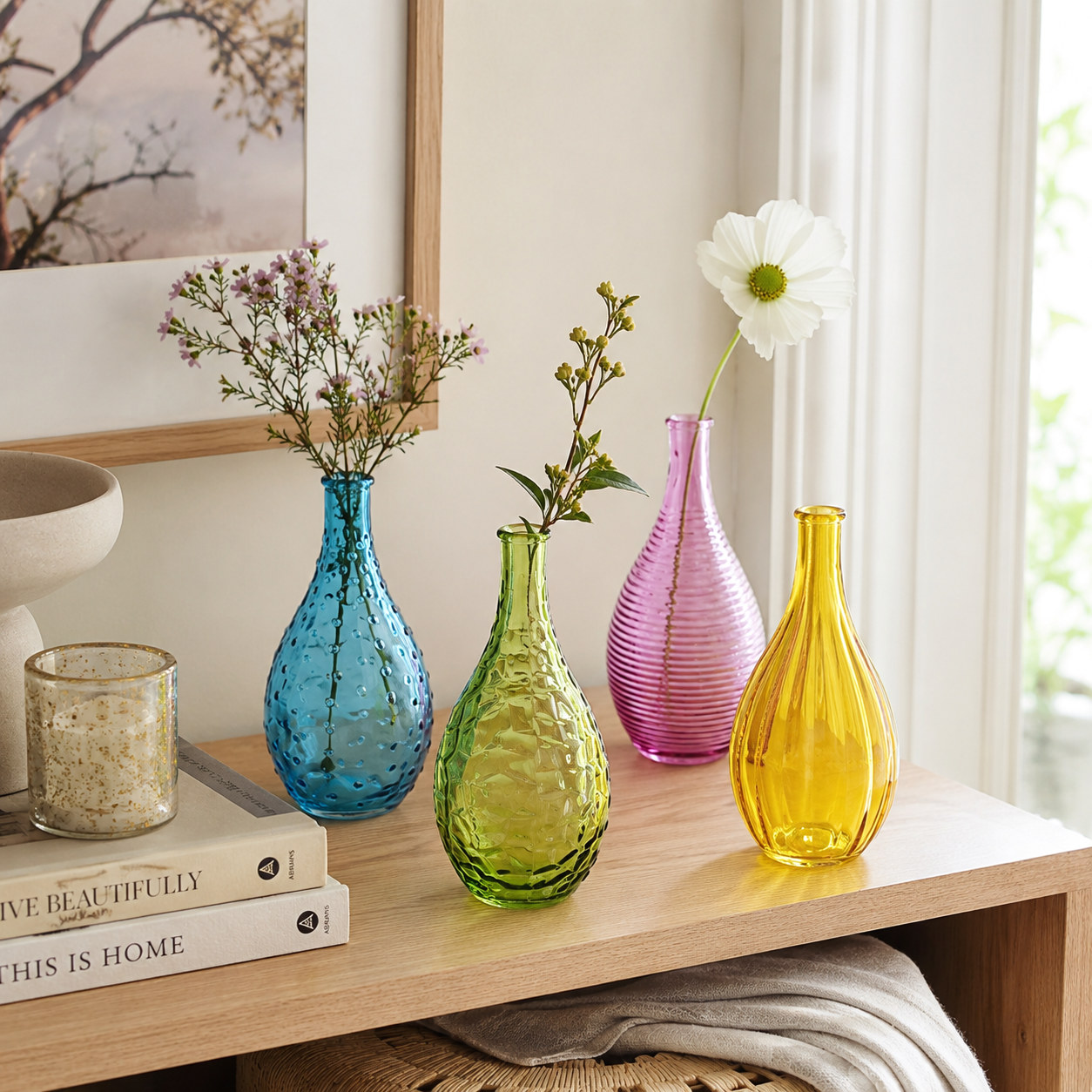 Colored Glass Bud Vase Collection with Sculptural Textured Shapes