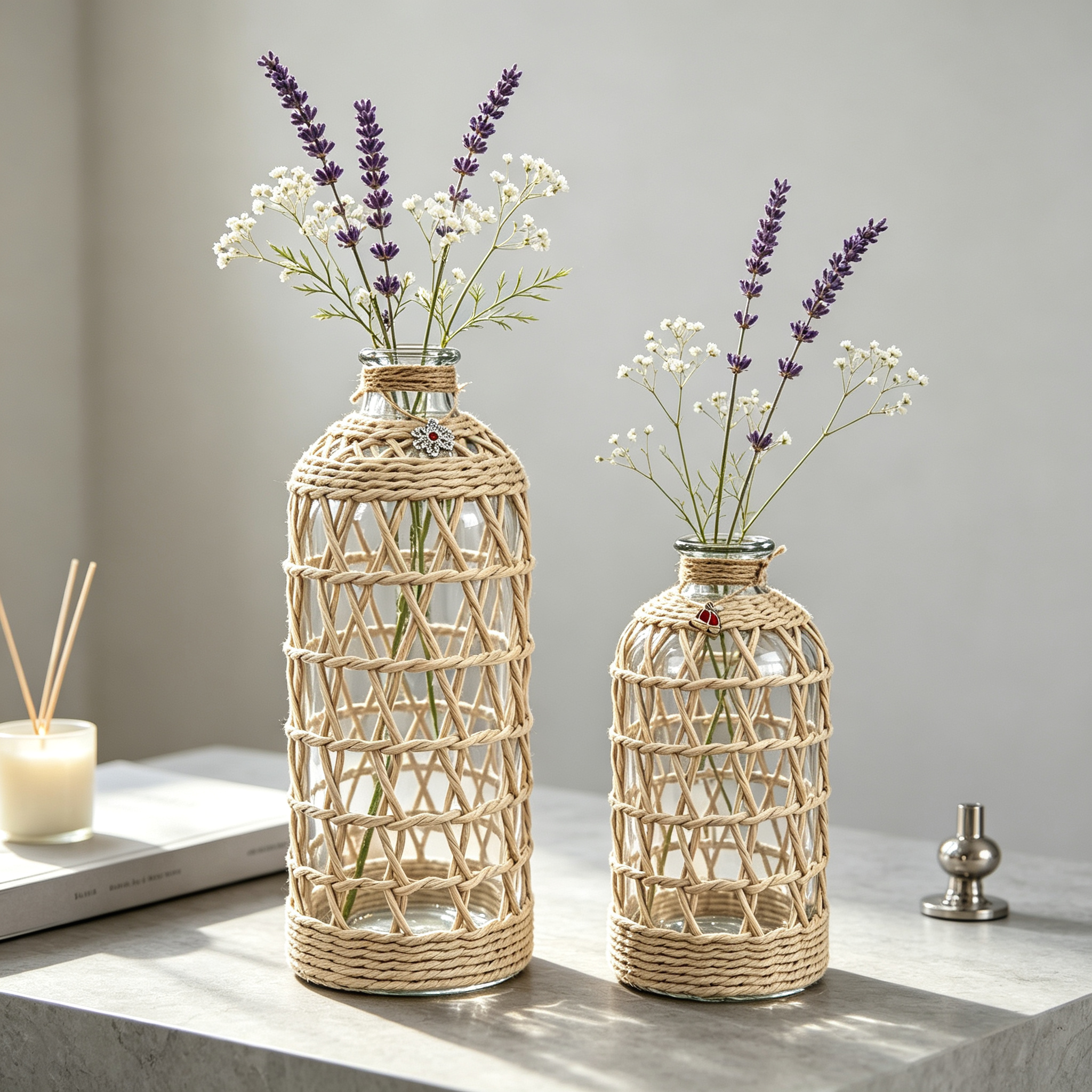 Handwoven Rope Wrapped Clear Glass Vase Set for Rustic Farmhouse Home Decor