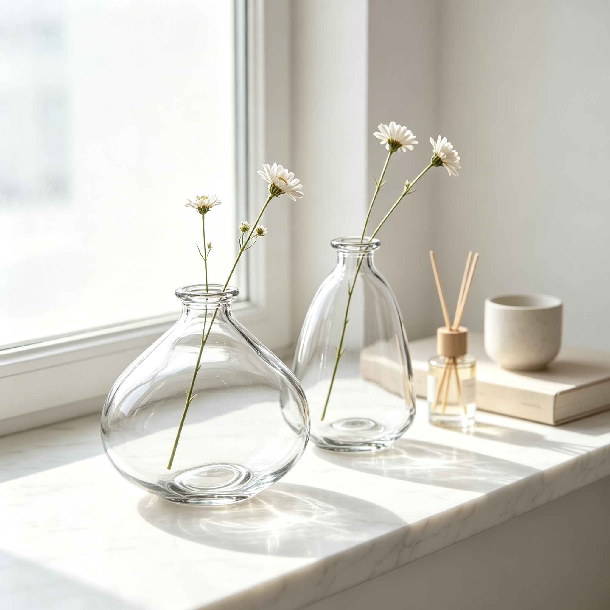 Clear Glass Bud Vase Pair in Round and Teardrop Shapes for Single-Stem Floral Styling