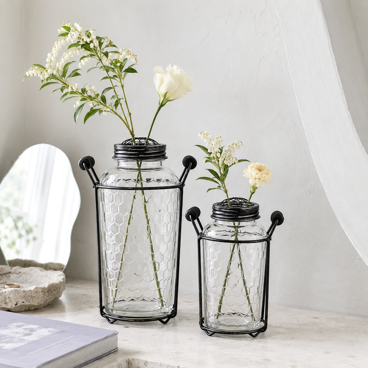 Two-Size Clear Honeycomb Glass Vases with Black Metal Holders