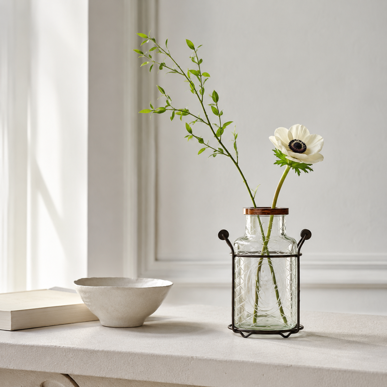 Three-Size Clear Patterned Glass Vases with Vintage Metal Holders