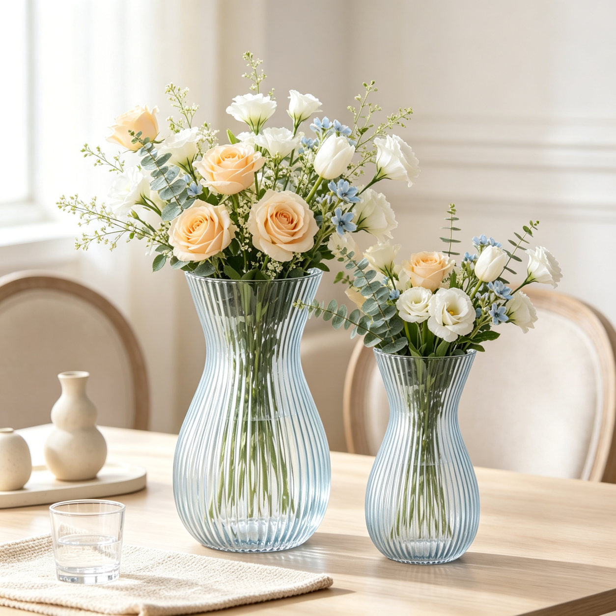 Light Blue Ribbed Glass Vase Collection for Elegant Floral Displays