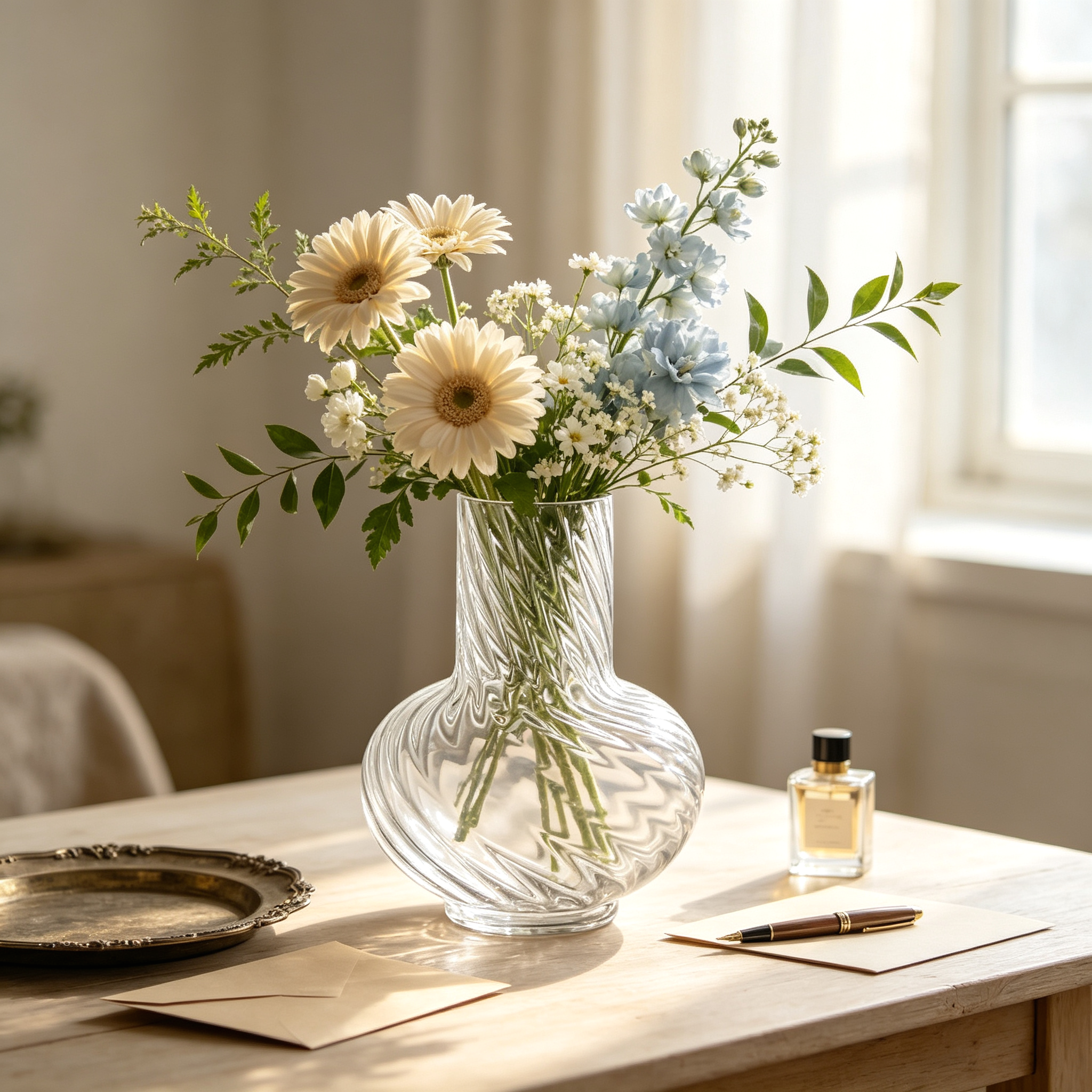 Clear Spiral Ribbed Glass Flower Vase with Rounded Body