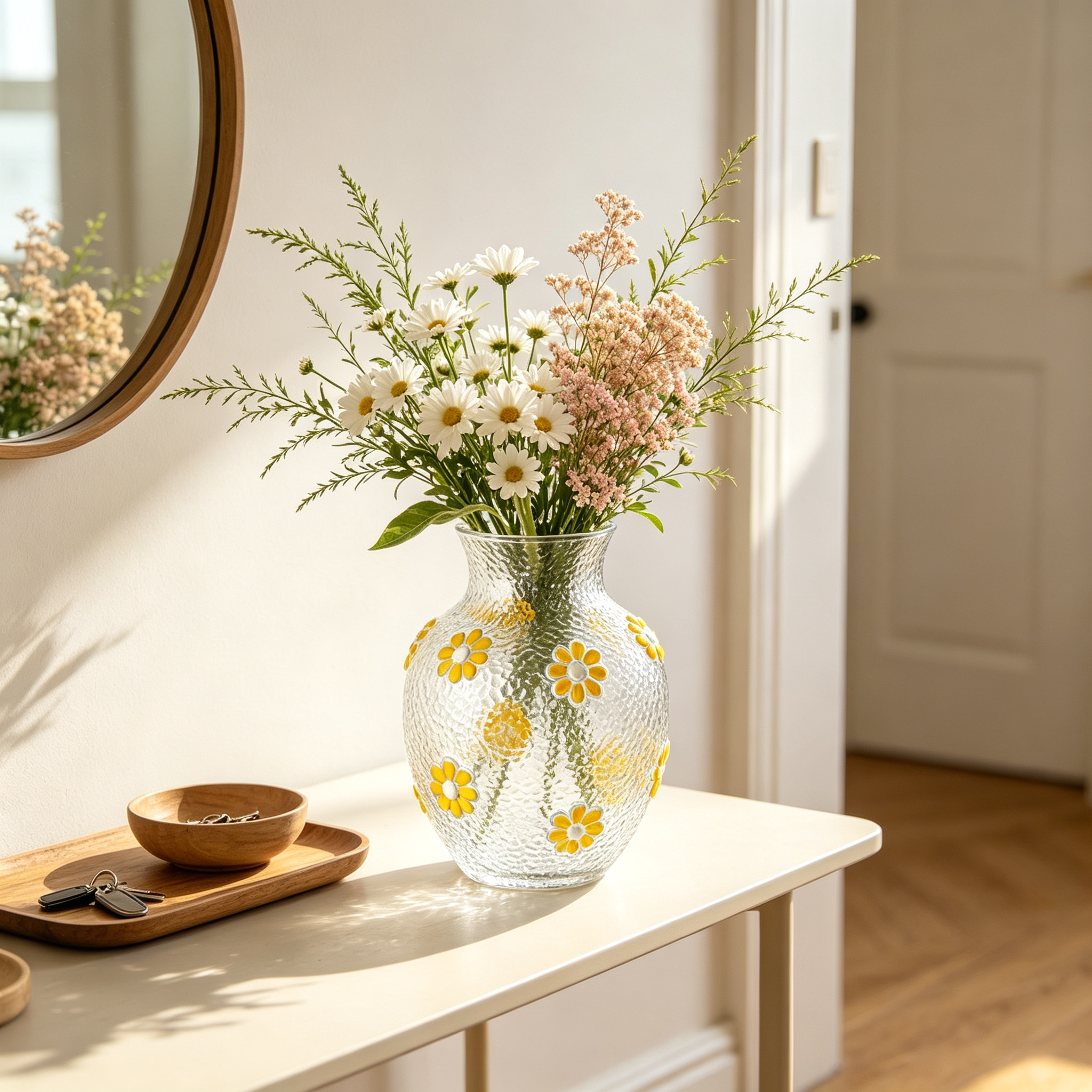 Textured Clear Glass Vase with Yellow Daisy Floral Accents