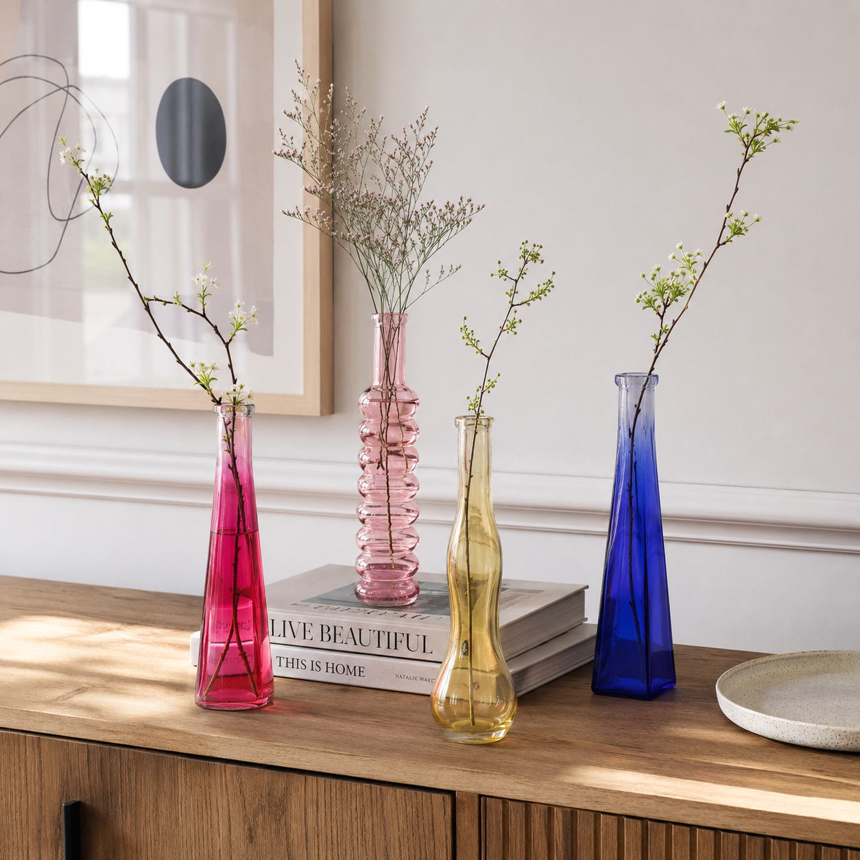 Assorted Colored Glass Bud Vase Collection with Sculptural Shapes