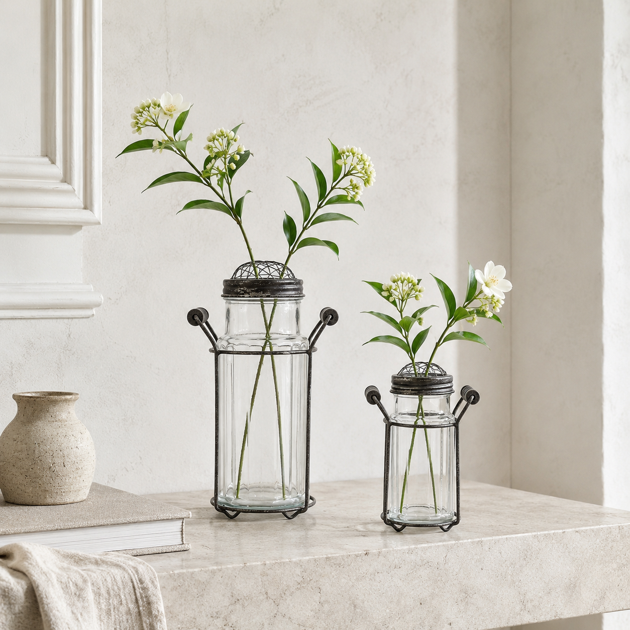 Vintage Clear Glass Cylinder Vase with Metal Frame and Flower Frog Lid