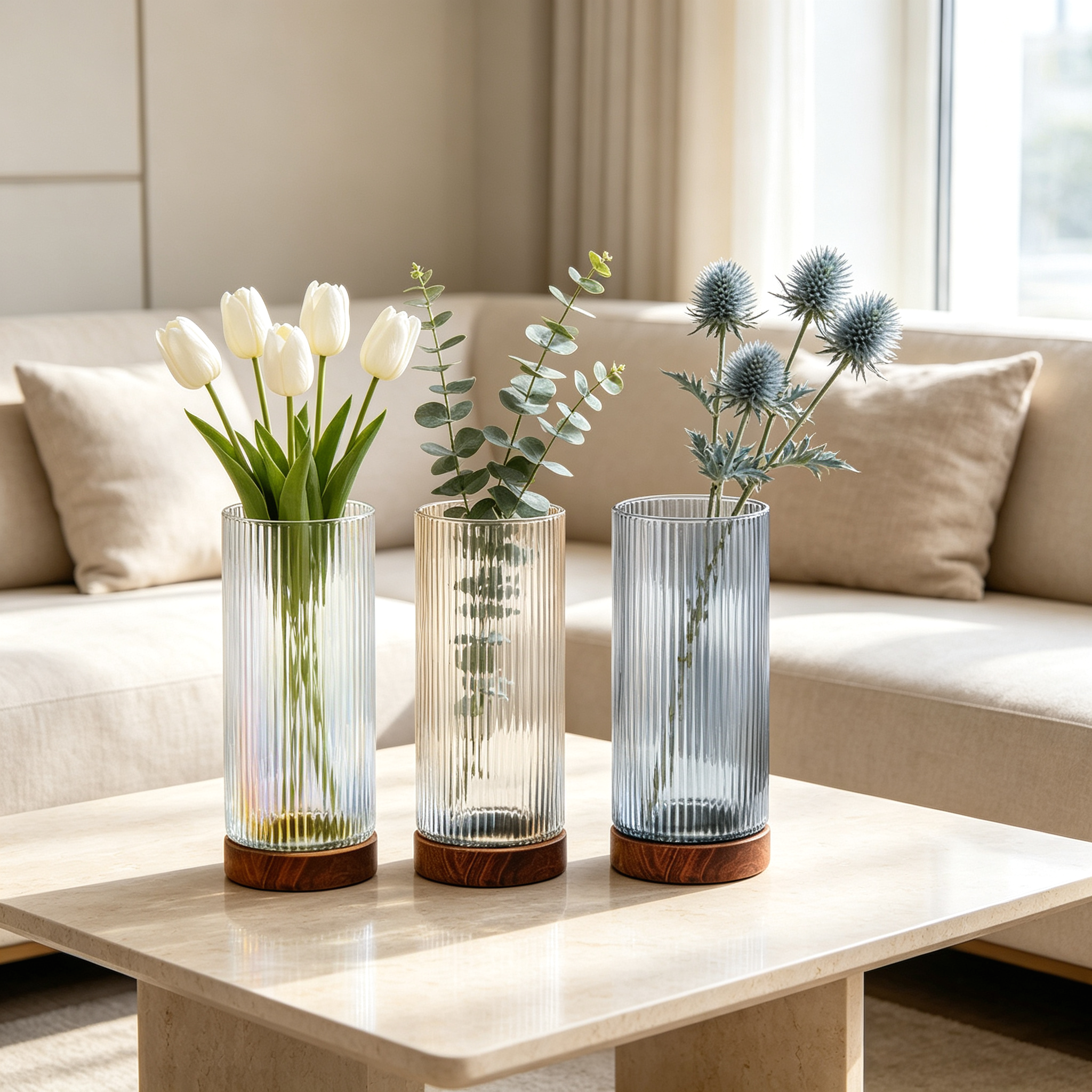 Ribbed Cylinder Glass Vase with Wooden Base