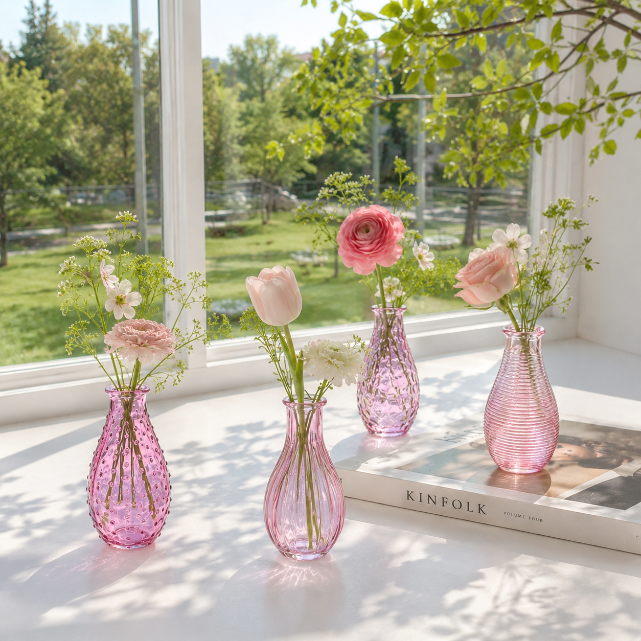 Pink Embossed Textured Glass Bud Vase 7 × 14.2 cm for Flowers and Home Decor