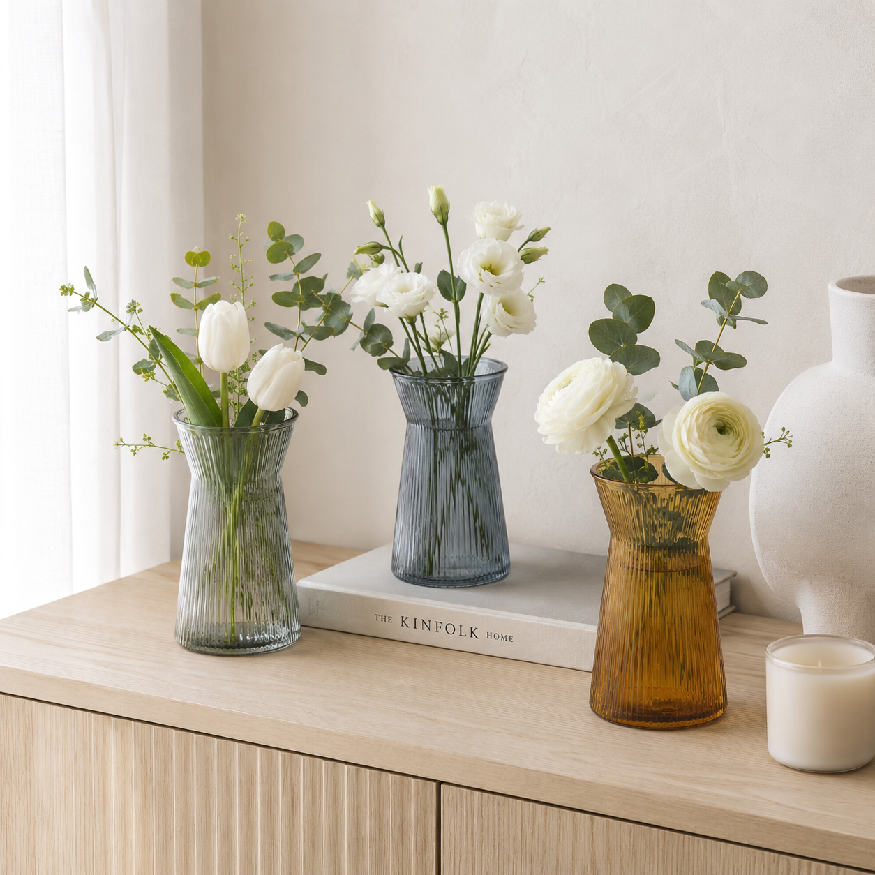 Ribbed Hourglass Glass Vase in Sage Green Amber and Smoke Grey for Modern Home Decor