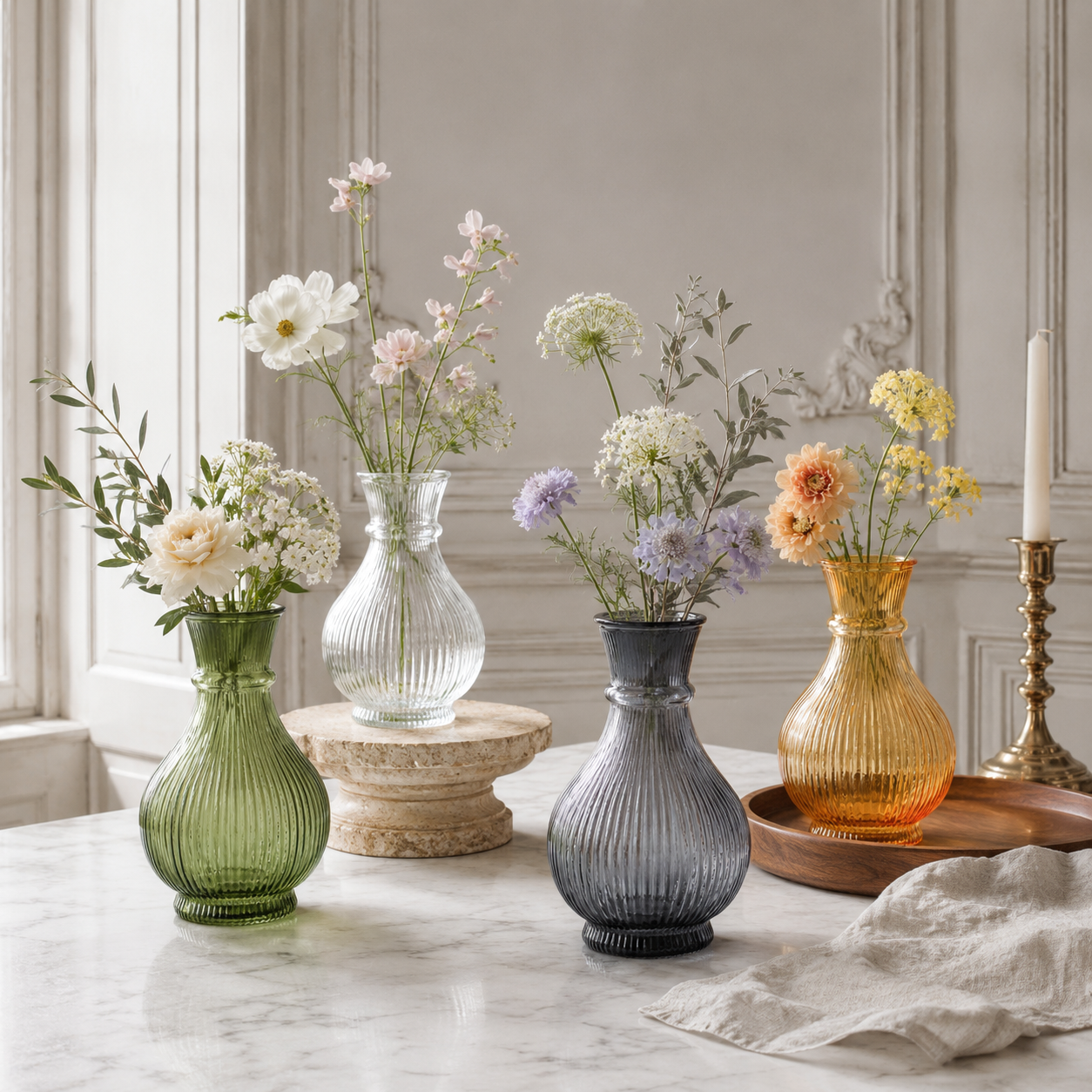Ribbed Round Glass Flower Vase in Four Colors