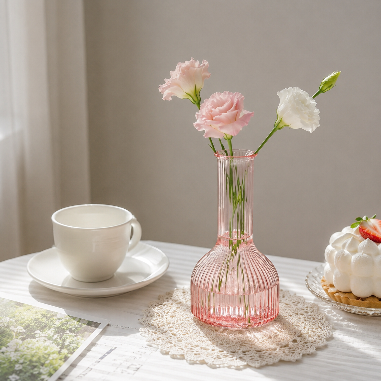 Pink Ribbed Glass Bud Vase Collection in Four Shapes and Sizes